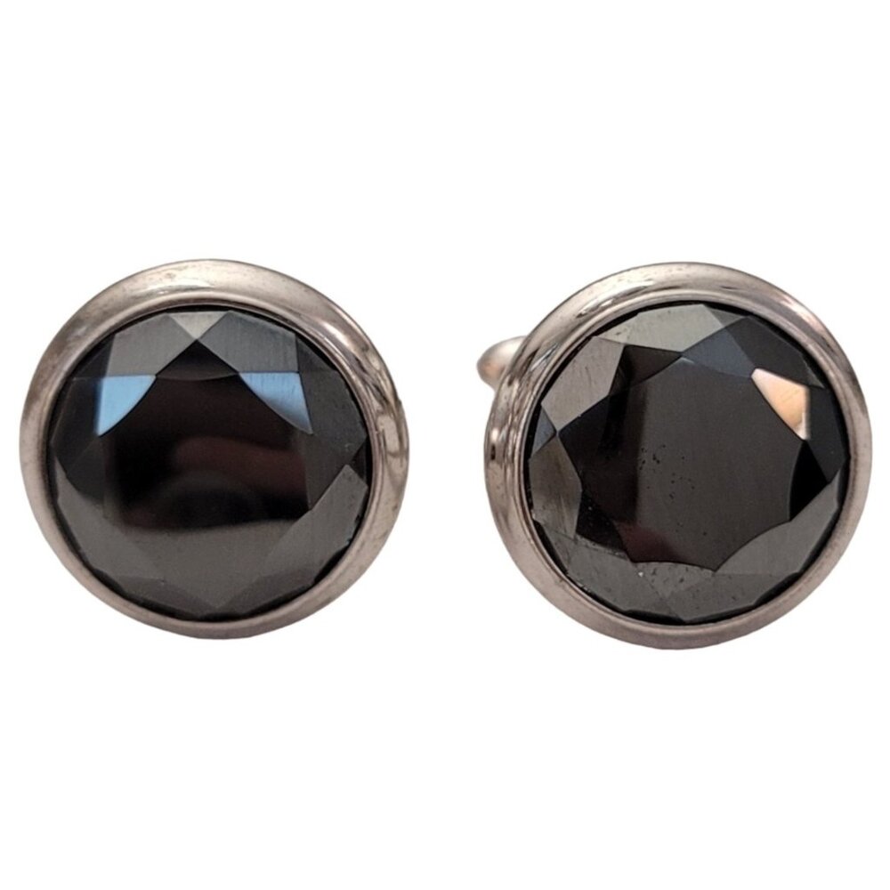Sterling Silver Faceted Black Hematite Stone Round Cufflinks, Signed K335